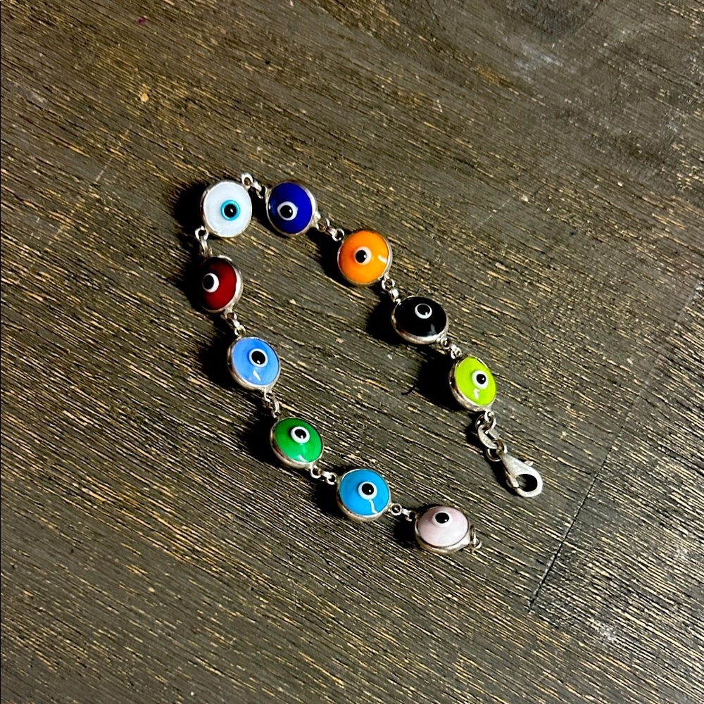 Colorful Evil Eye 925‎ Silver Bracelet 6 3/4 inches